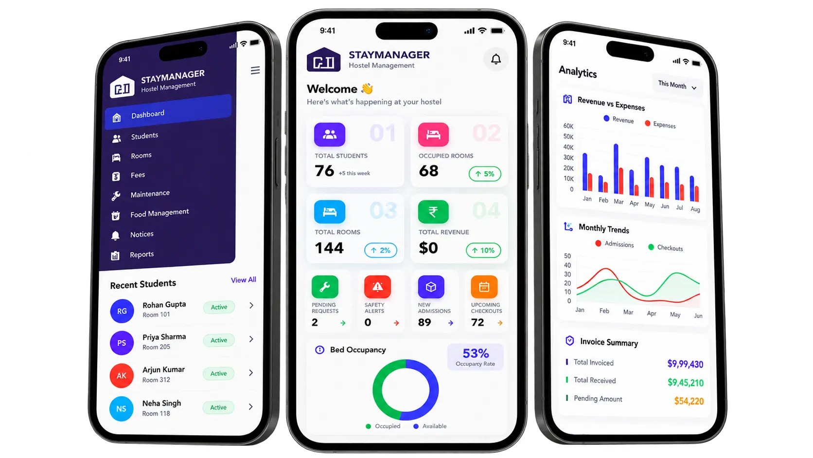StayManager hostel management app showing resident services, room details and hostel updates